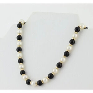 14k Yellow Gold Freshwater Pearl, Onyx, Gold Bead Strand Necklace 19.25"